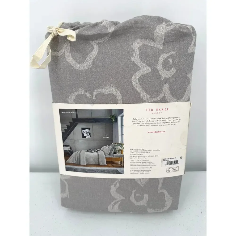 NEW Ted Baker Magnolia Jacquard 3 Piece Floral Gray/White KING Duvet Cover Set